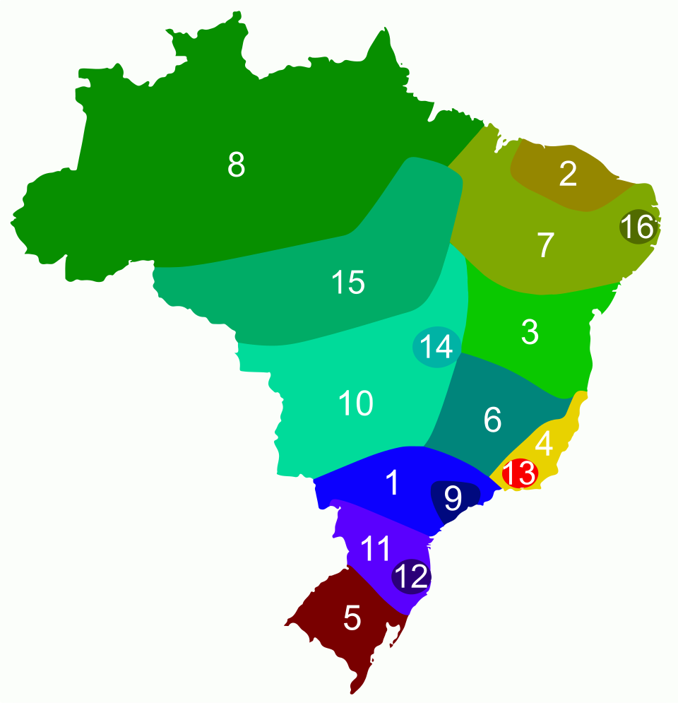 Mapa dos dialetos do português brasileiro, com regiões numeradas de 1 a 16